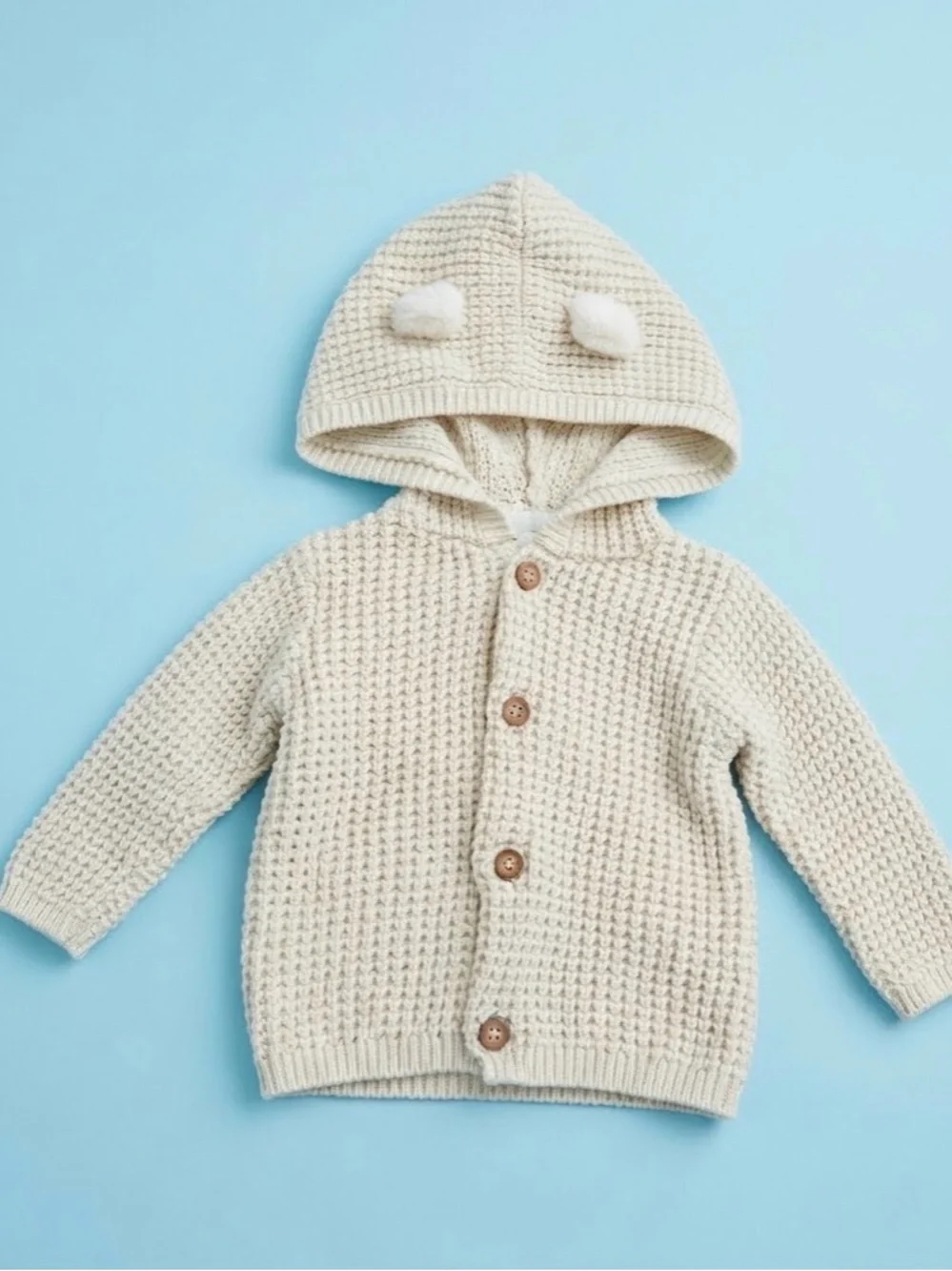 Carter's Cream Knit Hooded Cardigan with Ear Pom Details